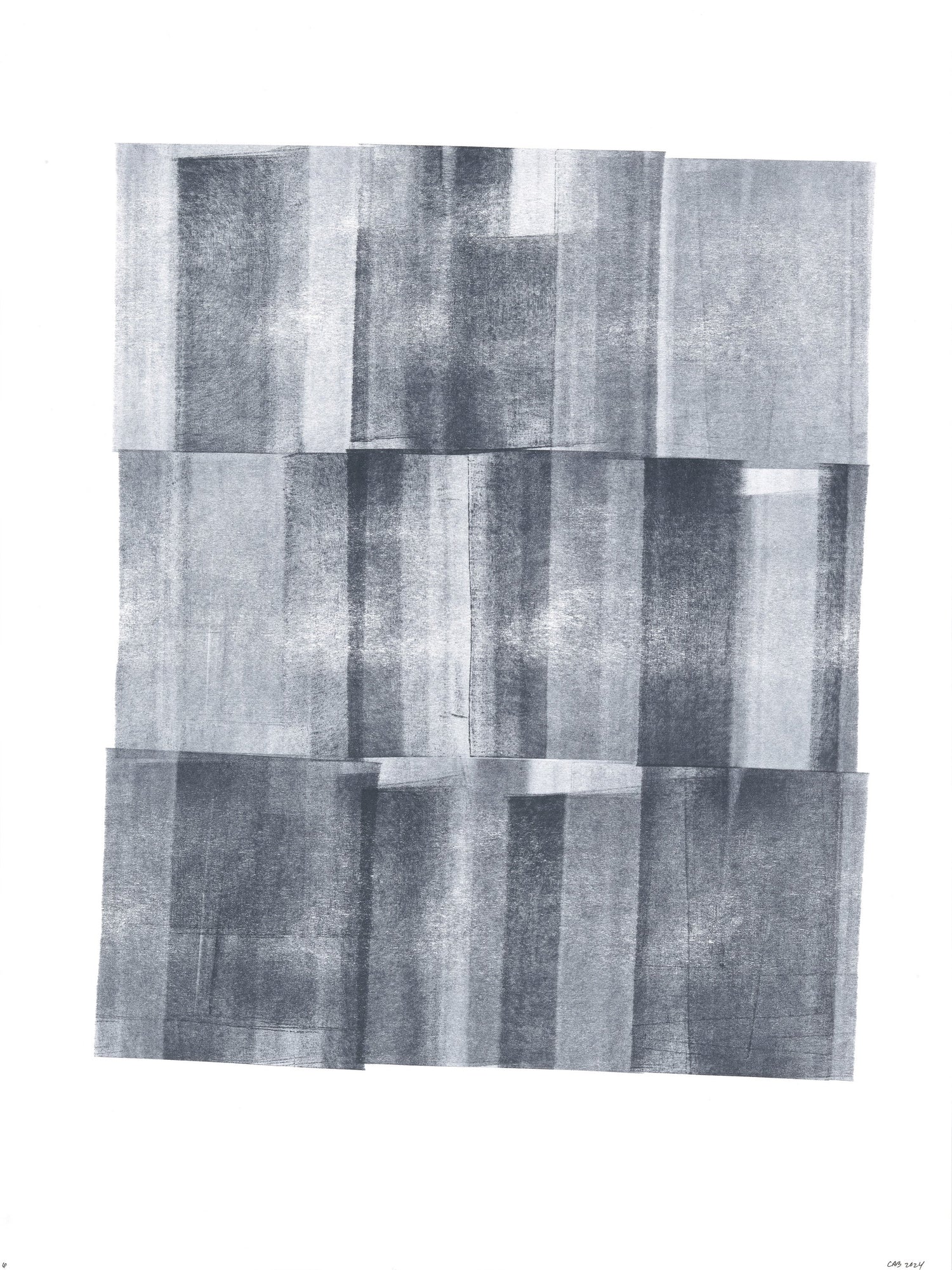 Abstract grayscale print with layered rectangular patterns by Carrie Bergey.