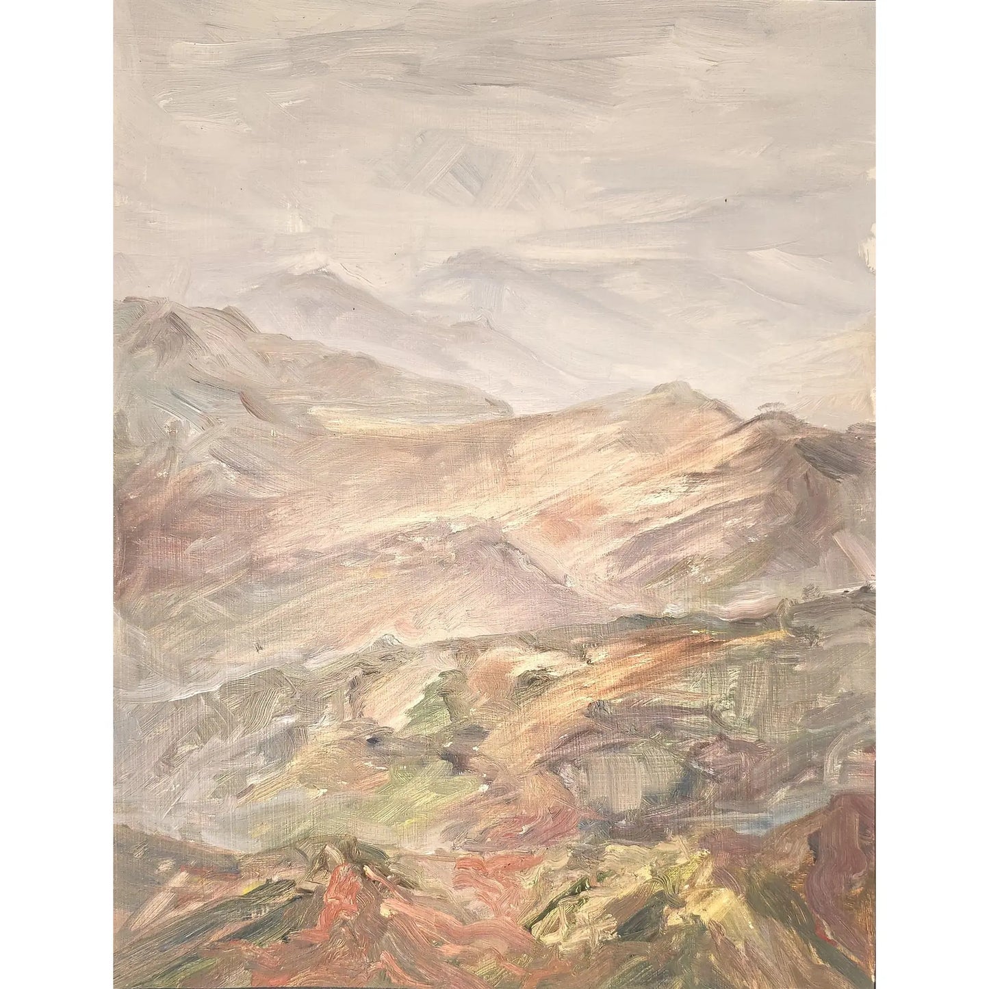 Oil painting from San Marino Italy Art Collection depicting a serene mountain landscape in earthy tones, ideal for home decor or collectors.