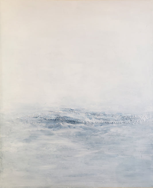 Jute Billows Original Fine Art Painting by Carrie Bergey features a serene abstract seascape in soft whites and blues. Ideal for modern home decor.