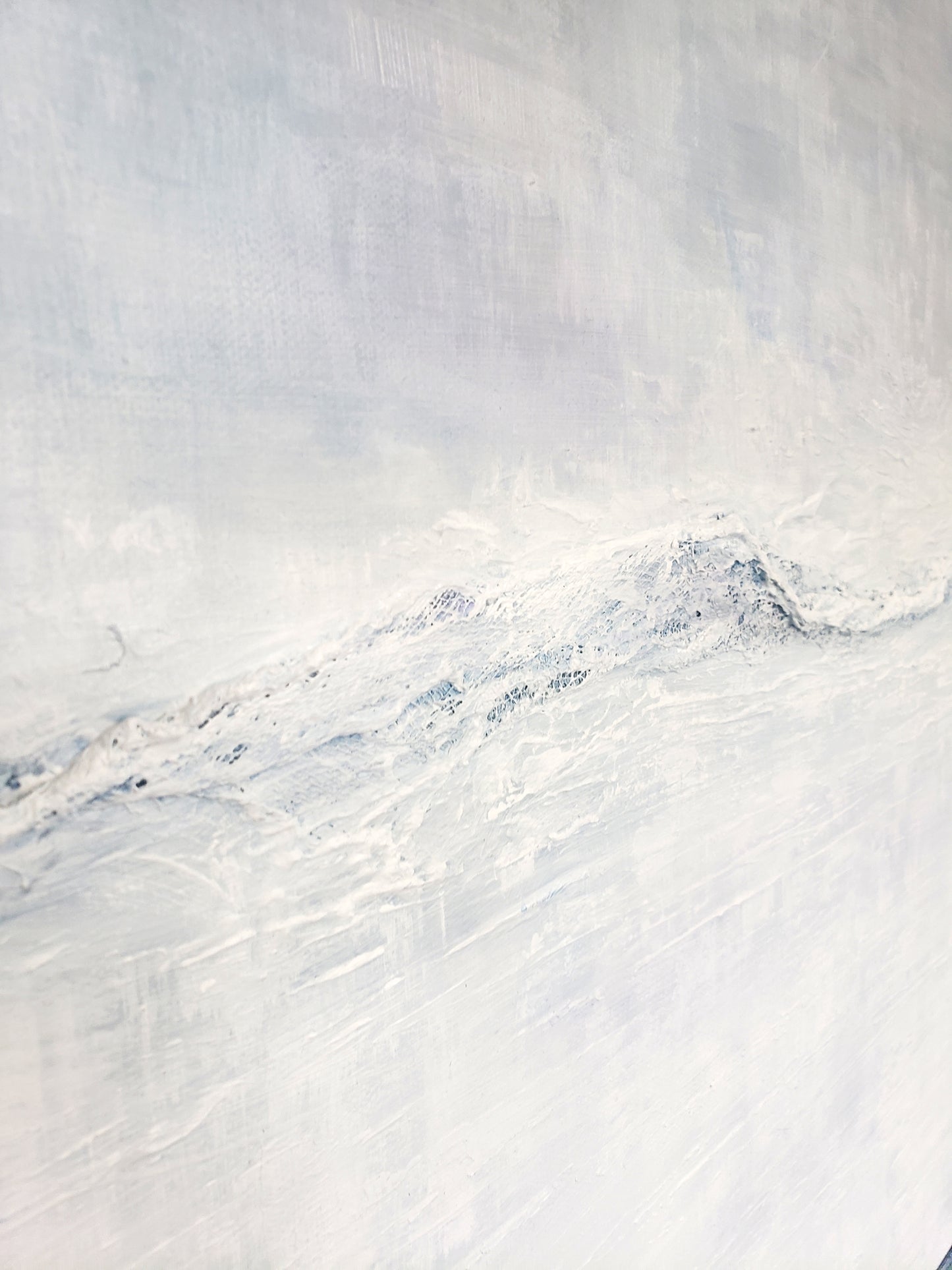 Close-up of Restorative Roller Original Fine Art Painting by Carrie Bergey highlighting intricate acrylic textures and wave-like motion in soft blue hues.