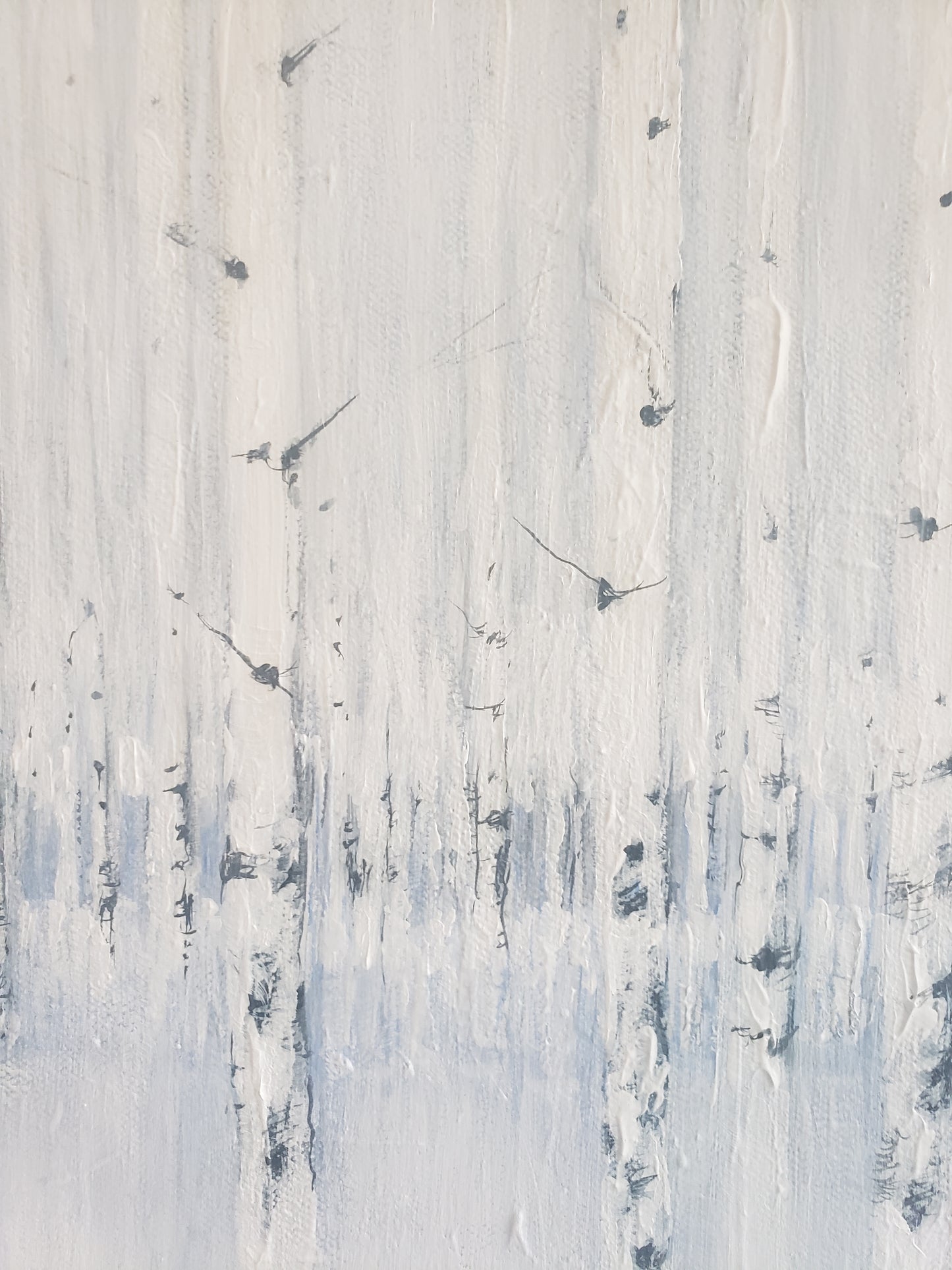 Upper section of Sea of Aspen Original Fine Art Painting captures delicate tree branches and soft gradients in white and grey acrylic.