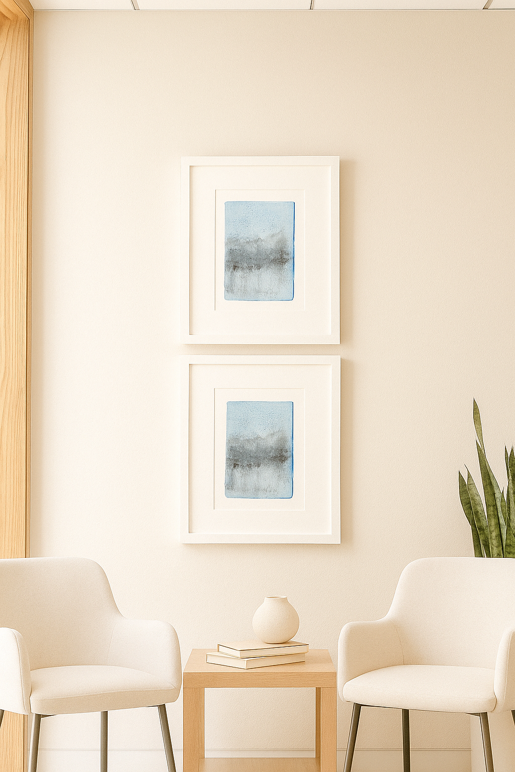 Presidio Dusk Original Fine Art Monoprint Diptych Collection shown vertically in a minimalist seating area with soft beige tones. Enhances serene interior spaces.