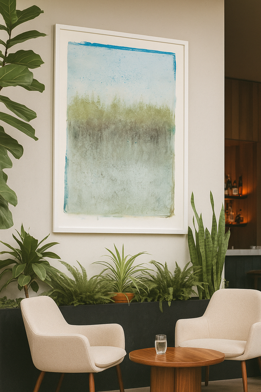 Presidio Dawn Art - Carrie Bergey Fine Monoprint | Painting features a serene forest landscape in soft blues and greens, ideal for tranquil home decor.