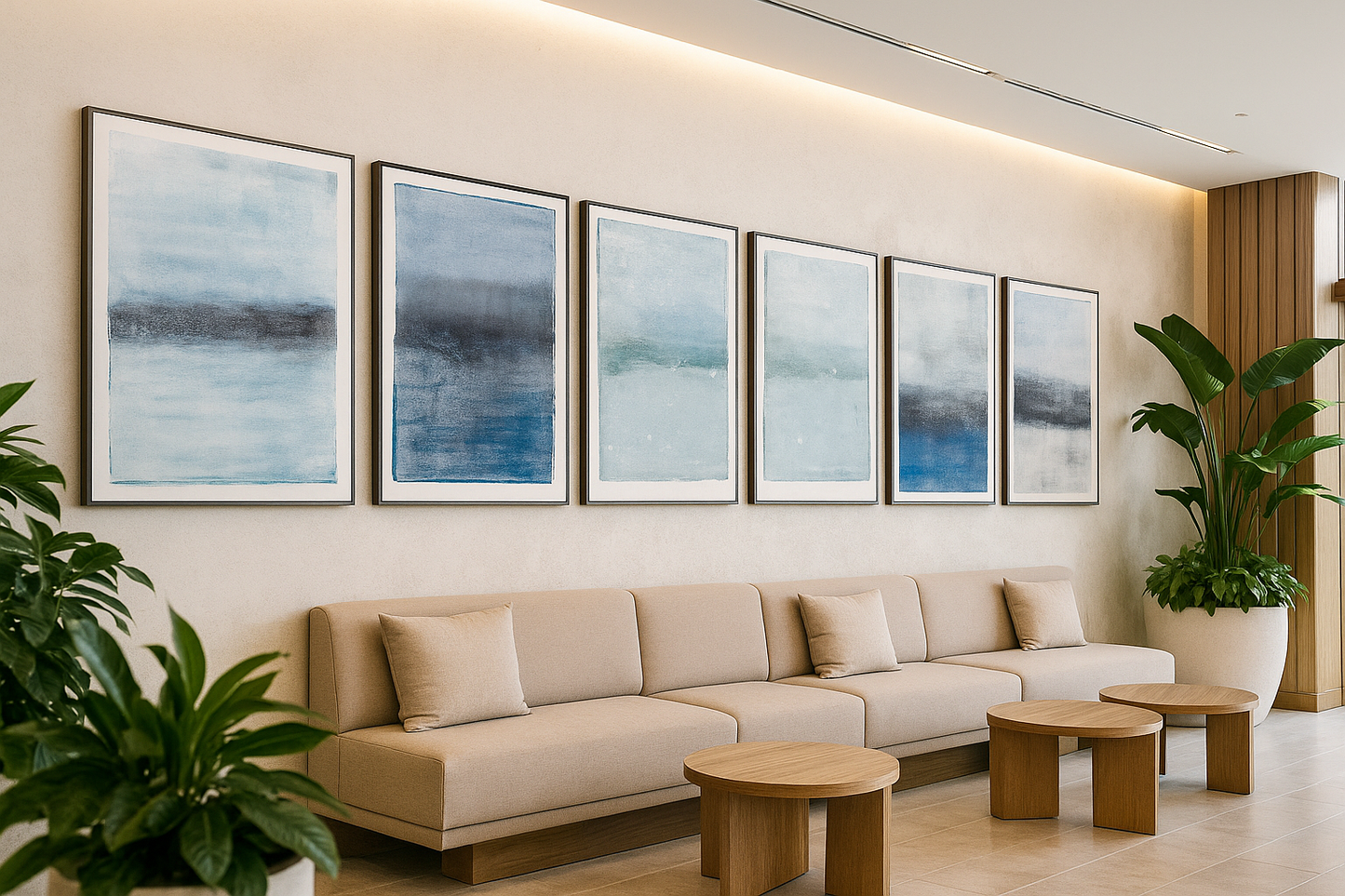 Isla De La Pasion Art - Monoprint Collection by Carrie Bergey framed in a modern lounge, enhancing contemporary interior design.