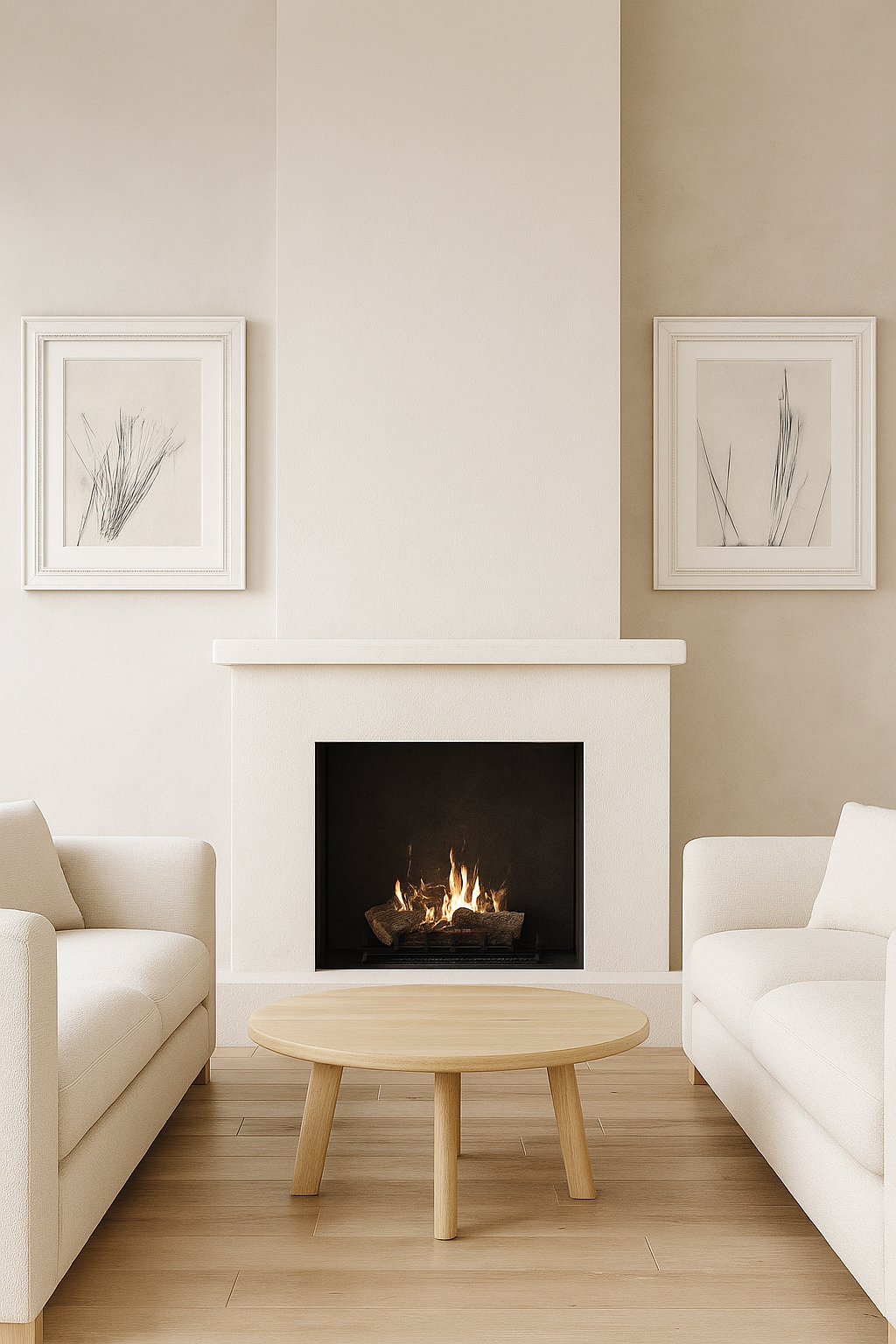 Interior decor featuring Pine Needles Original Fine Art Monoprint Diptych Collection by Carrie Bergey above a fireplace in a cozy modern setting.