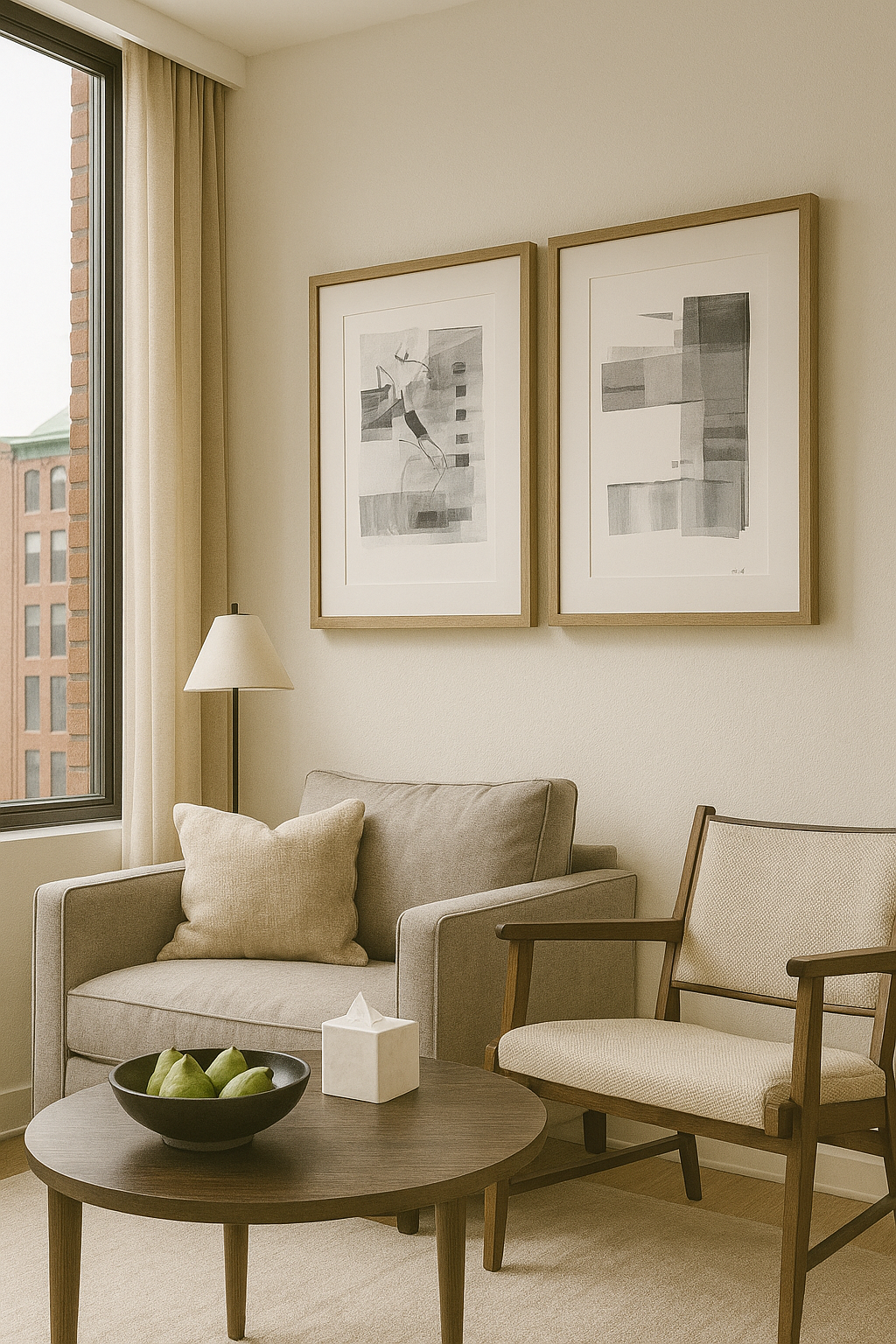 Ink on Paper 02-08 Original Fine Art Painting Diptych Collection displayed in a modern living room with neutral decor and framed artwork.