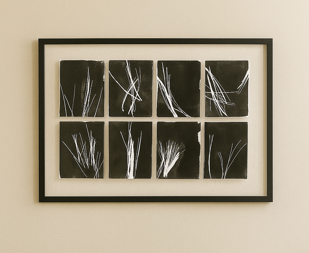 Framed Pine Needles Original Fine Art Monoprint Octaptych Collection by Carrie Bergey, featuring 8 abstract black and white prints.