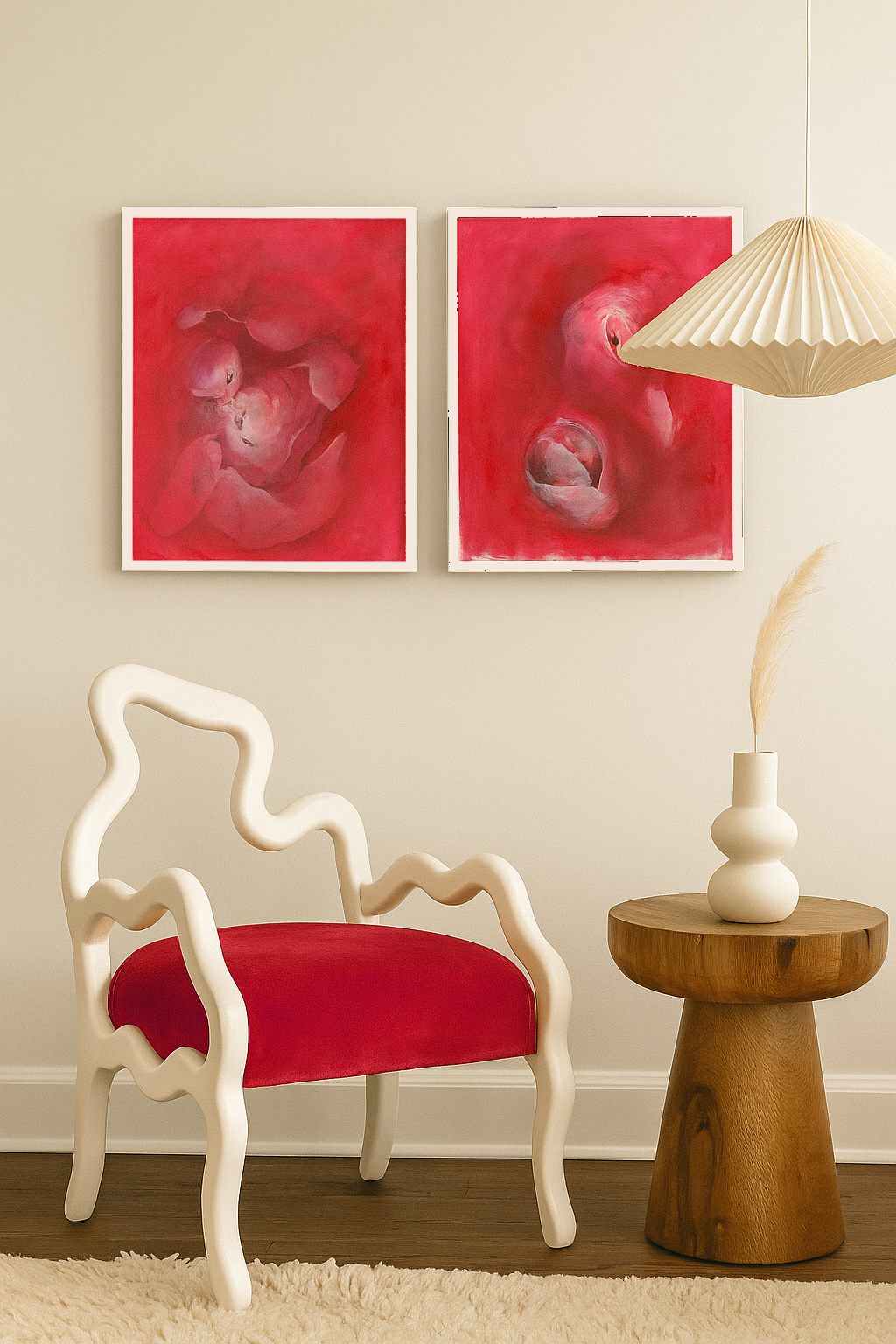 Sweetheart Original Fine Art Painting Diptych Collection displayed in a modern living room with red and white decor. Ideal for romantic home interiors.