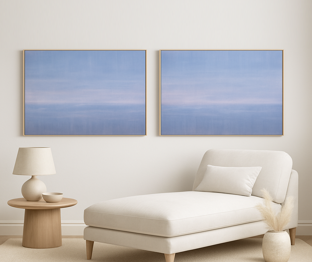 Maui 07-08 Original Fine Art Painting Diptych Collection by Carrie Bergey displayed in a modern living room with neutral decor, ideal for home interiors.