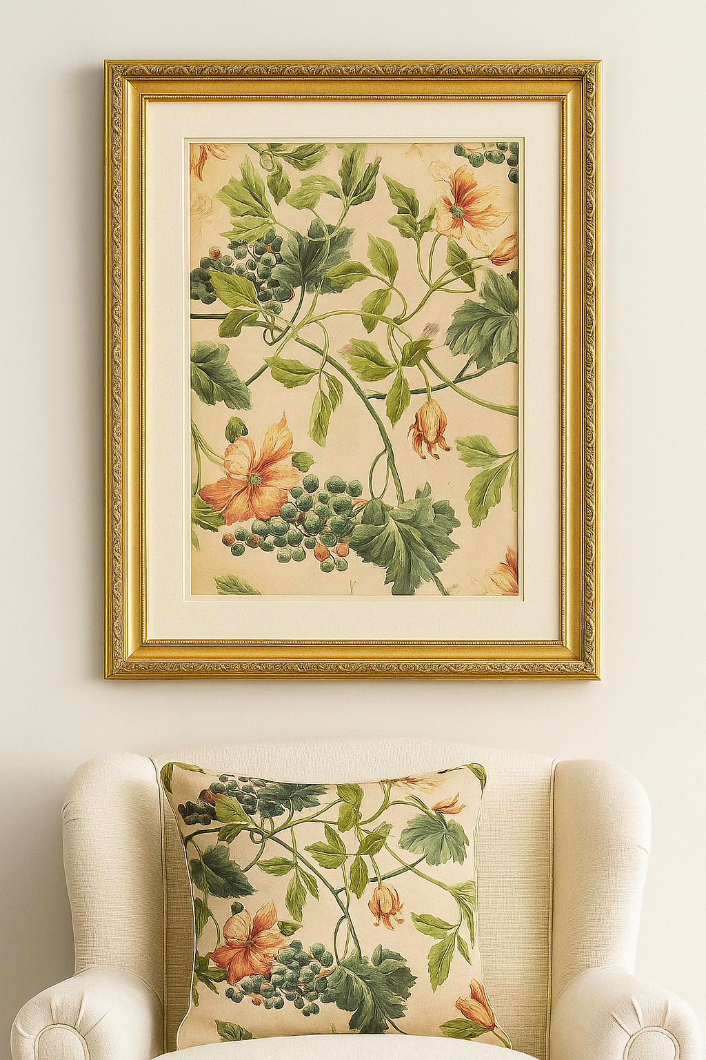 Framed Vintage Fabric Original Fine Art Painting by Carrie Bergey displayed above a chair with matching pillow, perfect for elegant home decor settings.