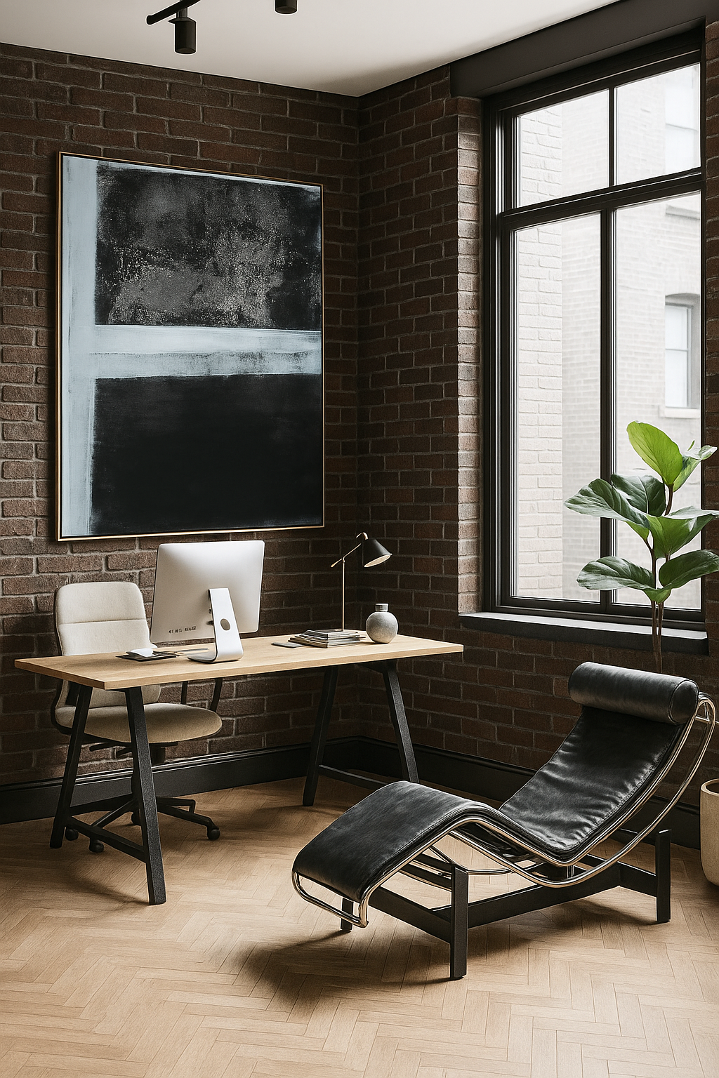 Tux Original Fine Art Monoprint by Carrie Bergey displayed in a modern home office, enhancing the space with minimalist sophistication and bold contrast.