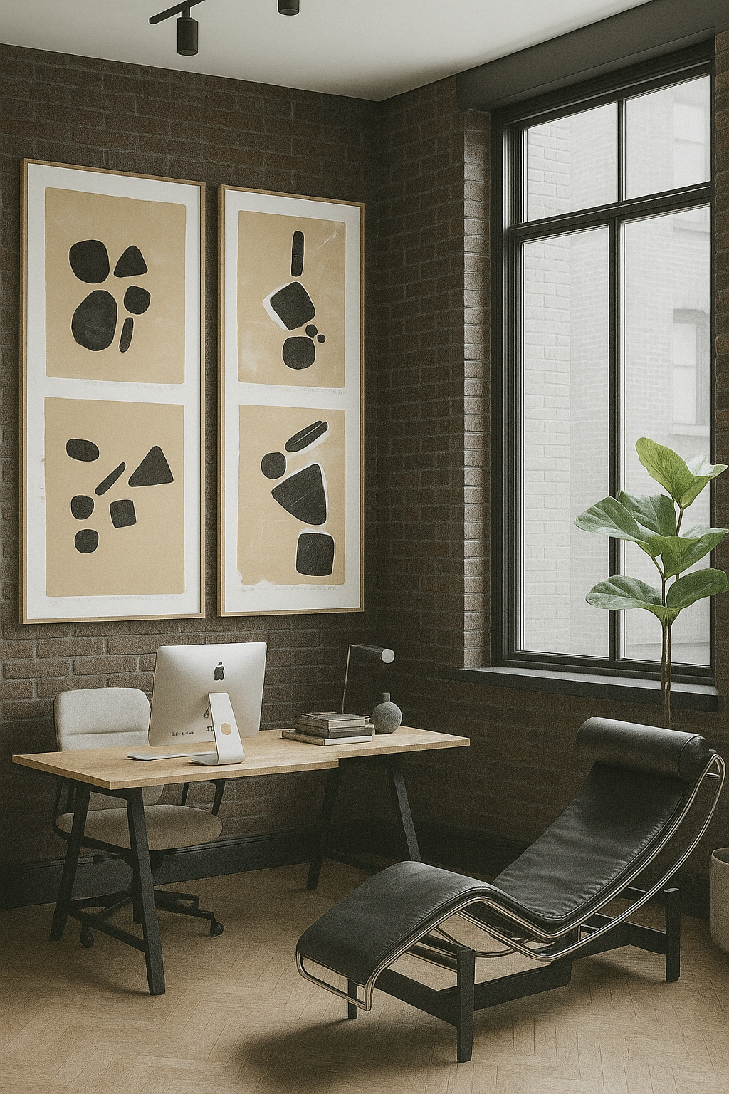 Neuropathic Jewels Original Fine Art Monoprint Quadriptych Collection by Carrie Bergey displayed in a modern home office with minimalist decor.