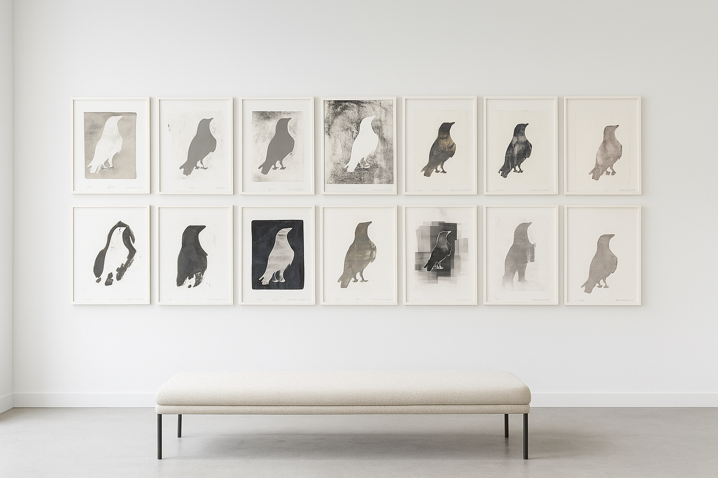 Full wall display of Raven 01-10 Original Fine Art Monoprint Decade Collection by Carrie Bergey, featuring 10 expressive raven prints in minimalist frames.