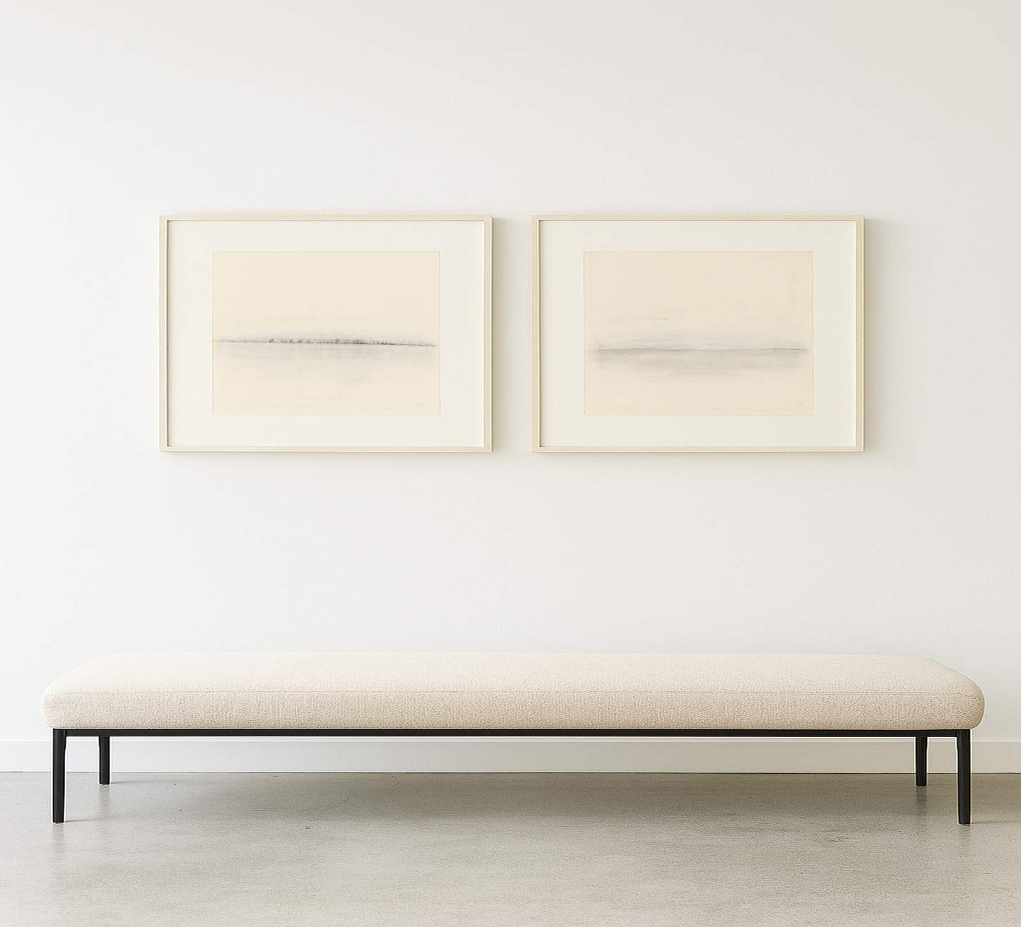 Vista Original Fine Art Drawings Diptych Collection by Carrie Bergey displayed above a minimalist bench, ideal for modern home decor.