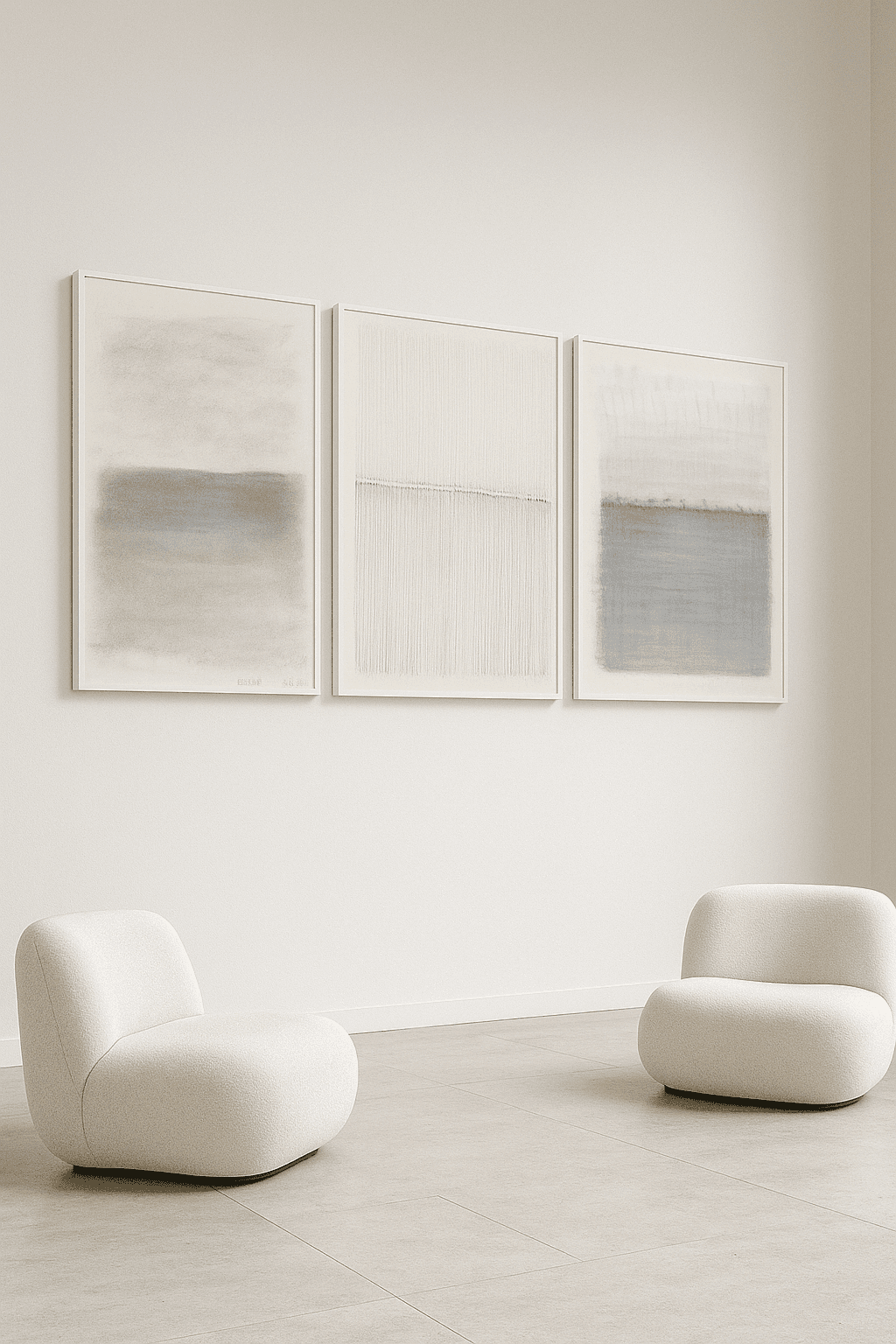 Vista 02-04-05 Original Fine Art Drawings Triptych Collection by Carrie Bergey displayed in a minimalist living space with two modern cream chairs.