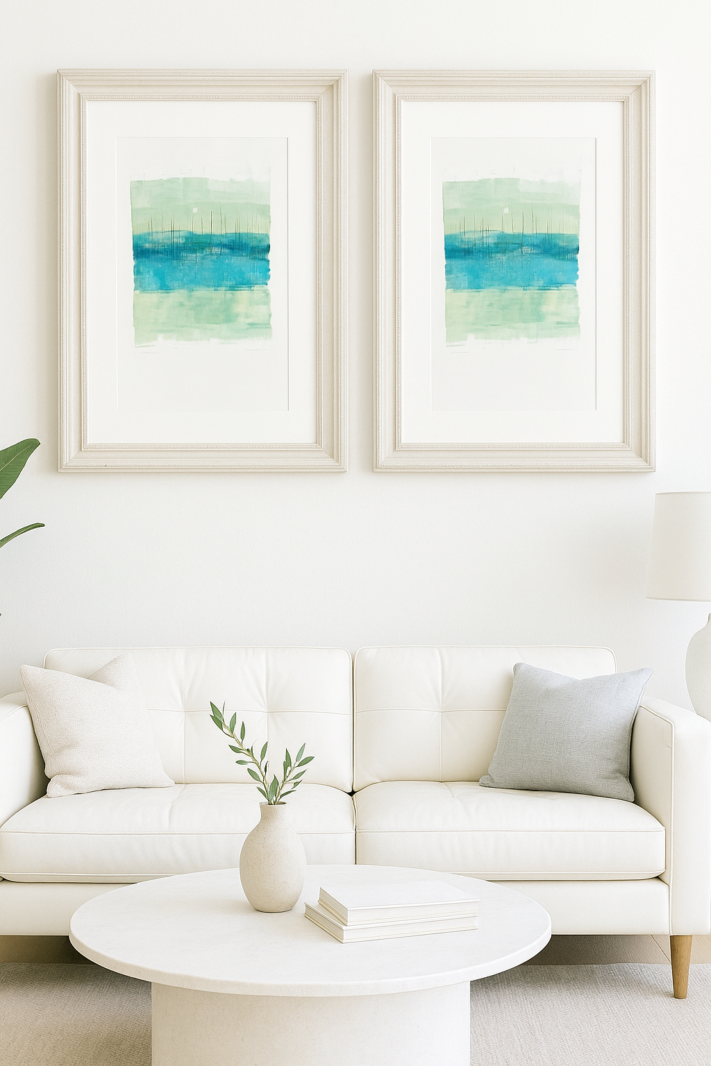 Pair of Marina Midday Fine Art Monoprints by Carrie Bergey in light wood frames above a white couch, ideal for coastal-themed living room wall art.
