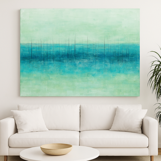Marina Midday Fine Art Original Monoprint by Carrie Bergey features abstract harbor lines in cool blue and green tones, 18x24 print for modern decor.
