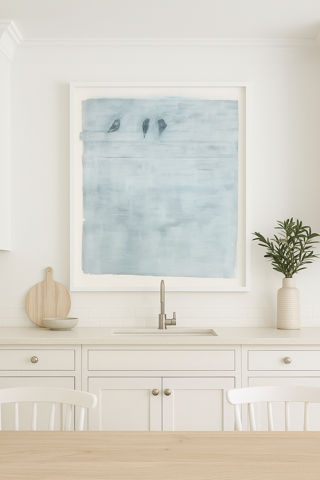 Birds On A Wire Original Fine Art Monoprint by Carrie Bergey displayed in a modern white kitchen, enhancing minimalist home decor with serene artwork.