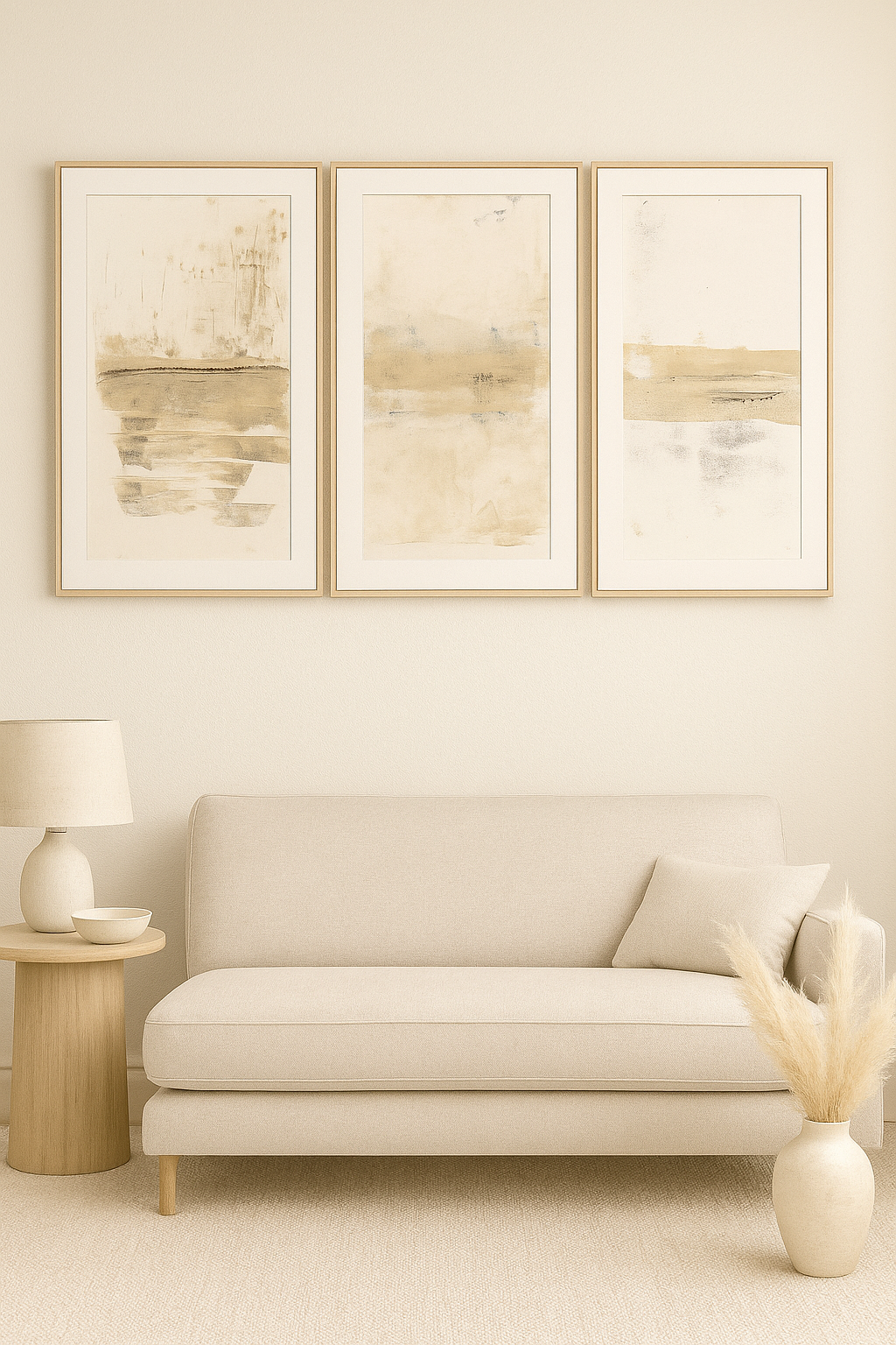 Mesas Original Fine Art Monoprint Triptych Collection by Carrie Bergey displayed above a beige sofa, enhancing modern desert-inspired decor.