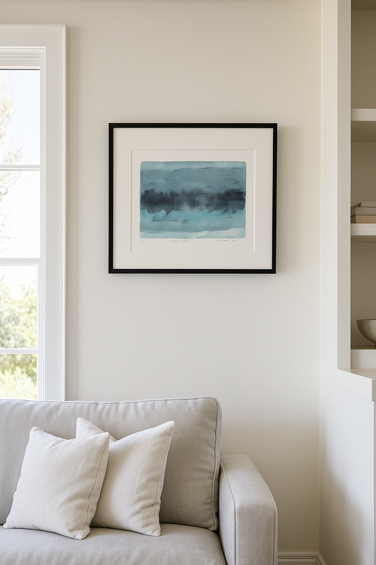 Endemicos-01 Original Fine Art Monoprint by Carrie Bergey features abstract blue and black brushstrokes. Unique artwork for modern home decor.