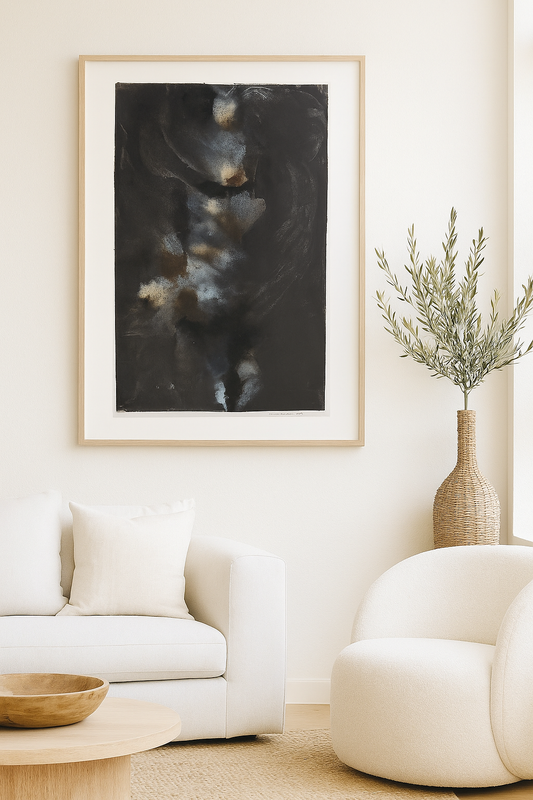 Cosmos Original Fine Art Painting by Carrie Bergey features swirling celestial forms in dark tones with hints of blue, white, and rust. Acrylic artwork ideal for modern home decor.