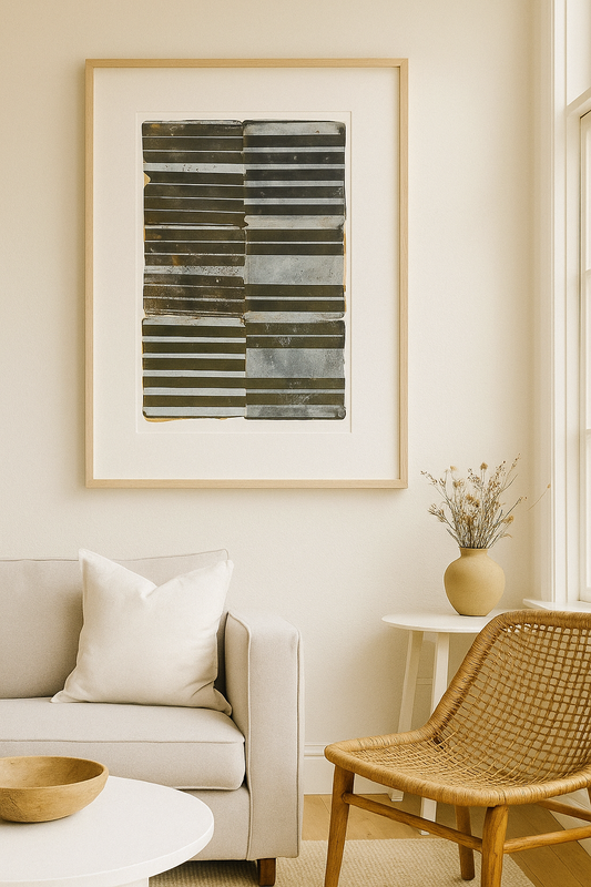 Glam Original Fine Art Monoprint by Carrie Bergey features bold horizontal stripes in gold and gray tones, adding modern sophistication to any decor.