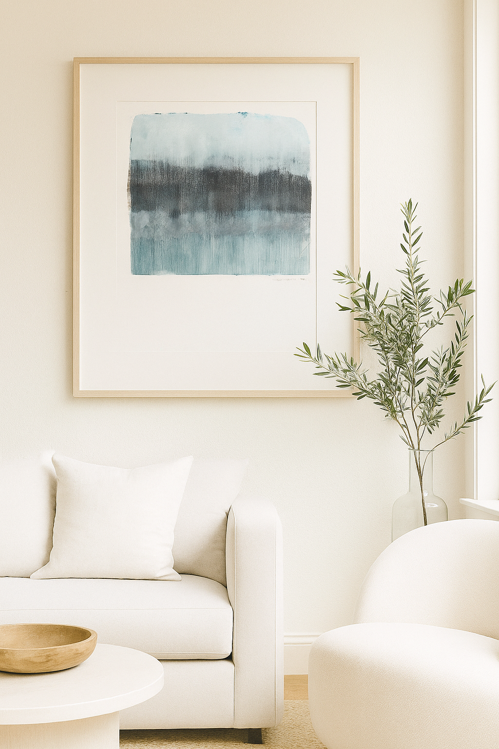 Framed Endemicos-02 Original Fine Art Monoprint by Carrie Bergey displayed in a minimalist living room, enhancing contemporary interior design aesthetics.