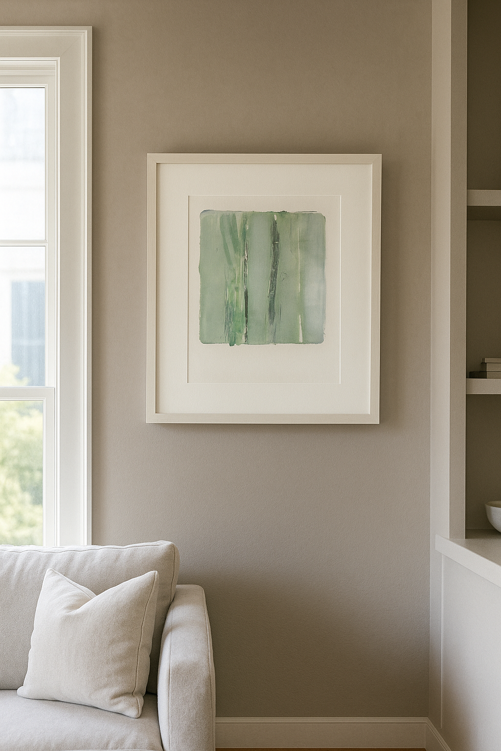 Framed Forest Original Fine Art Monoprint by Carrie Bergey displayed in a neutral-toned living room, showcasing serene abstract forest textures. Perfect for minimalist wall art.
