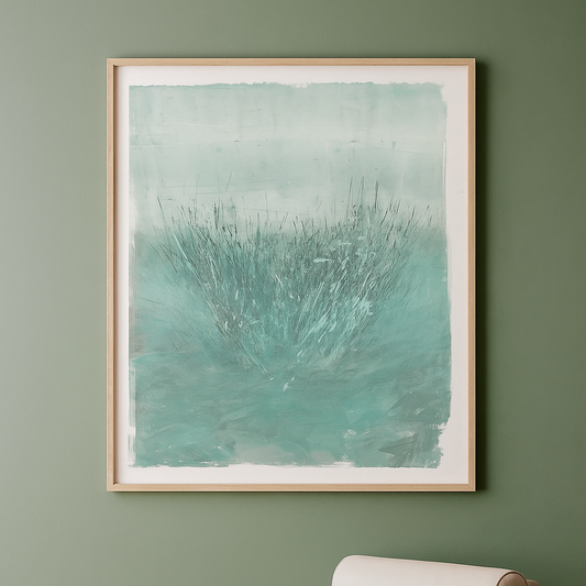 Seagrass 03 Original Fine Art Monoprint by Carrie Bergey features abstract underwater seagrass in soft teal and gray tones. Ideal for serene home decor.