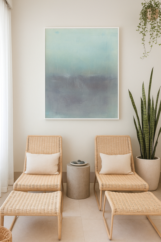 Maui 09 Original Fine Art Painting by Carrie Bergey features abstract layers of soft black, purple, and green tones. Acrylic on cotton evokes Hawaii’s serene landscape.