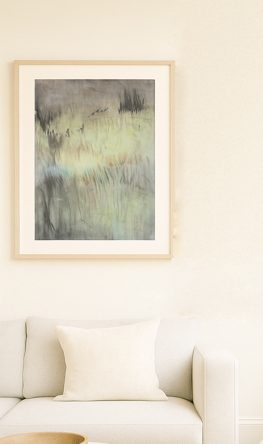 Original pastel monoprint art titled 'In the Haze' by Carrie Bergey, featuring abstract strokes in soft greens, blues, and grays on a 16x20 canvas.