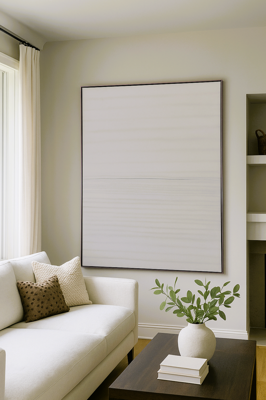 Stitched Horizon 02 Original Fine Art Mixed Media Painting by Carrie Bergey featuring layered textile textures and soft horizontal lines in neutral tones.