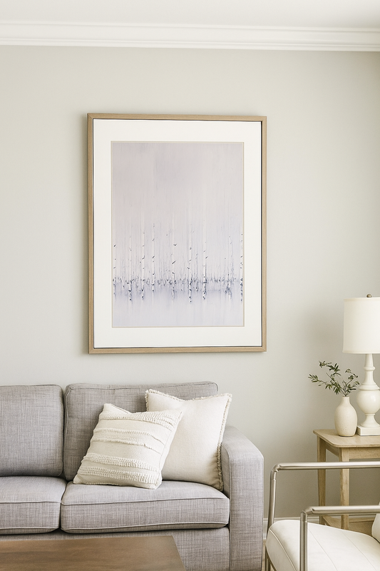 Sea of Aspen Original Fine Art Painting by Carrie Bergey features abstract aspen trees in soft blue and grey tones, ideal for serene home decor.