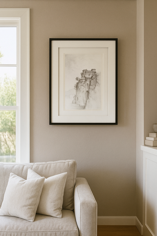 Sorrento Italy Original Fine Art Painting by Carrie Bergey features a detailed pencil drawing of a coastal villa perched on a cliff. Ideal for home decor in the visual artwork category.
