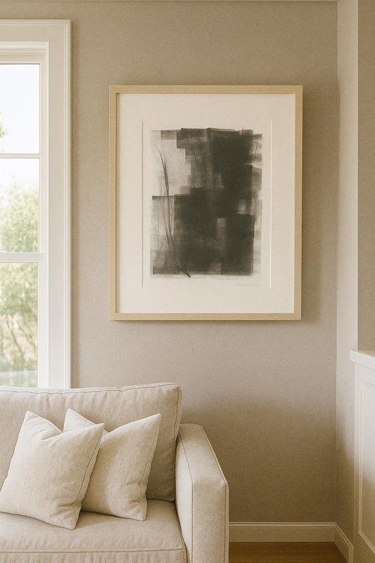 Ink on Paper 14 Original Painting - Art by Carrie Bergey features layered black ink blocks with delicate vertical lines, evoking natural forms. Ideal for modern home decor in the Artwork category.