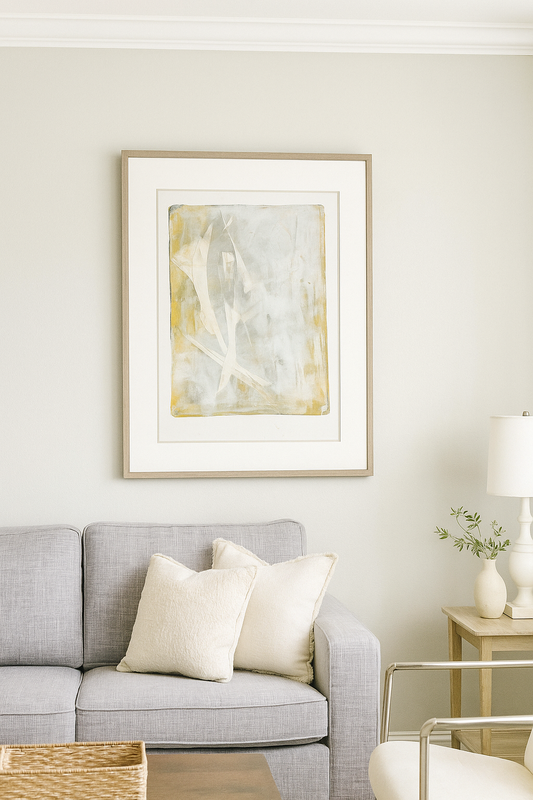 Lobos Overlook 04 Monoprint Painting - Art by Carrie Bergey features abstract coastal tones in soft grays and golds. Ideal for serene home decor.