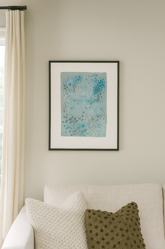 Neuropathic Gems Original Fine Art Monoprint by Carrie Bergey features abstract blue and black circular patterns on a muted gray background. This unique painting adds a modern, cerebral touch to home decor in the artwork category.
