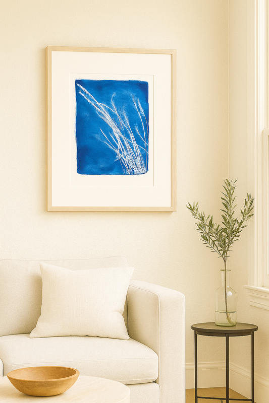 Lobos Grass 05 Original Fine Art Monoprint by Carrie Bergey features white coastal grasses on a deep blue acrylic background. Ideal for modern home decor.