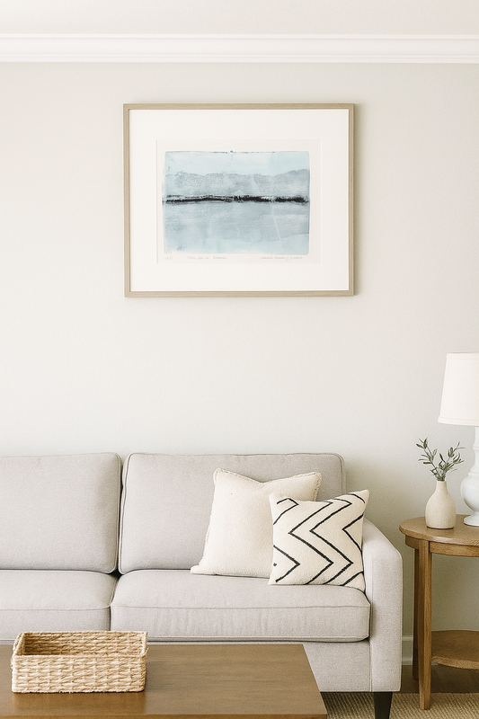 Isla De La Pasion-08 Original Fine Art Monoprint by Carrie Bergey features abstract island imagery in black, white, and blue acrylics on 6x9 paper. Ideal for modern home decor in the prints category.