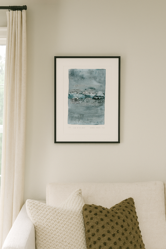 Isla De La Pasion-07 Original Fine Art Monoprint by Carrie Bergey features abstract blue and black acrylic textures on paper. Ideal for modern home decor.