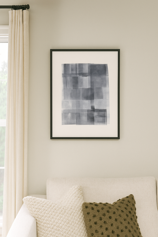 Ink on Paper_07 Original Fine Art Painting by Carrie Bergey features layered black and white geometric forms on 18x24 inch acrylic paper. Ideal for modern home decor.