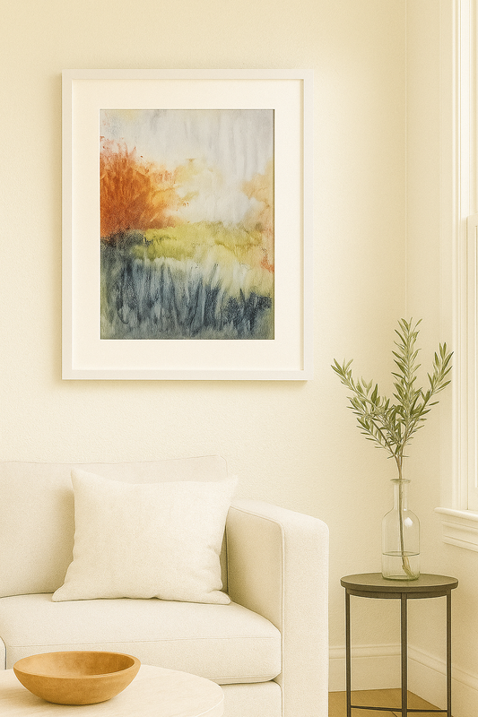 Morning Dew Original Fine Art Painting by Carrie Bergey features abstract brushstrokes in orange, green, and gray tones, evoking a tranquil dawn scene.