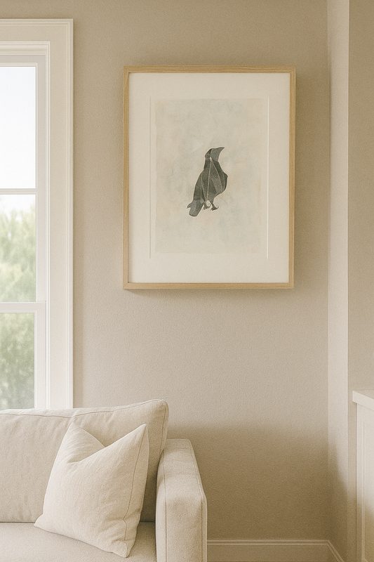 Raven 11 Original Fine Art Monoprint by Carrie Bergey features a bold black raven silhouette on a textured white acrylic background. Ideal for modern home decor.