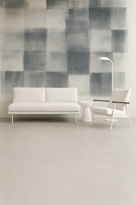 Ink on Paper 23-25 Original Fine Art Painting Triptych Collection displayed in a modern interior with two cream lounge chairs. Ideal for contemporary decor.