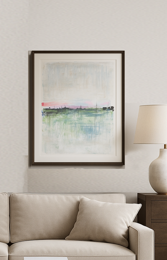 Morning Marina original fine art painting by Carrie Bergey featuring abstract reflections of a serene marina in soft greens, blues, and pinks.