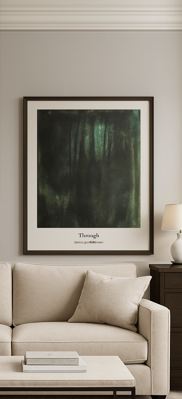 Carrie Bergey original painting 'Through' displayed in a modern living room. Abstract forest art adds depth and emotion to home decor.