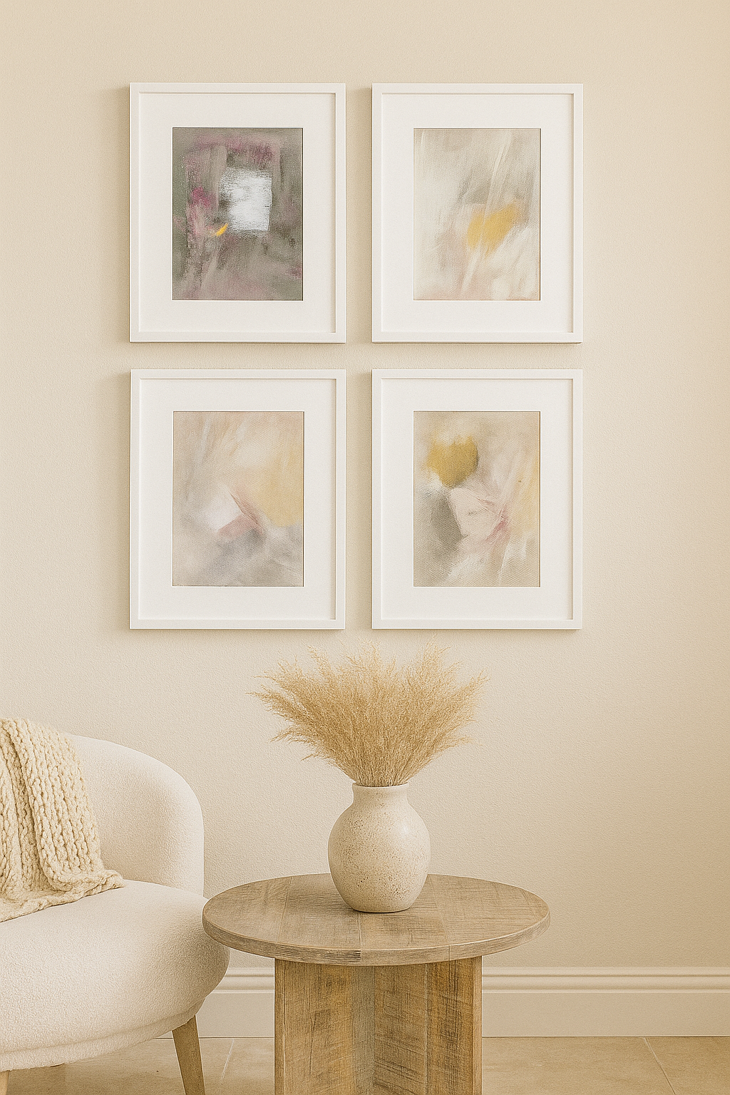 Threshold of Memory - Original Fine Art Drawing Quadriptych Collection by Carrie Bergey styled in a cozy living space with neutral tones and natural textures.