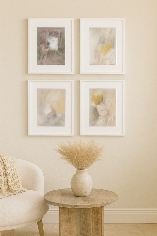 Threshold of Memory - Original Fine Art Drawing Quadriptych Collection by Carrie Bergey displayed in white frames on a beige wall, ideal for modern home decor.