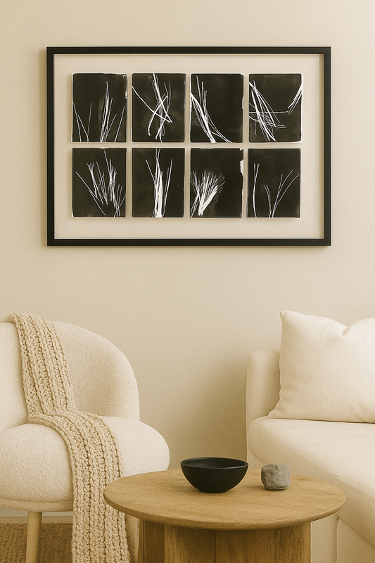 Framed Pine Needles Original Fine Art Monoprint Octaptych Collection by Carrie Bergey, featuring 8 abstract black and white prints.