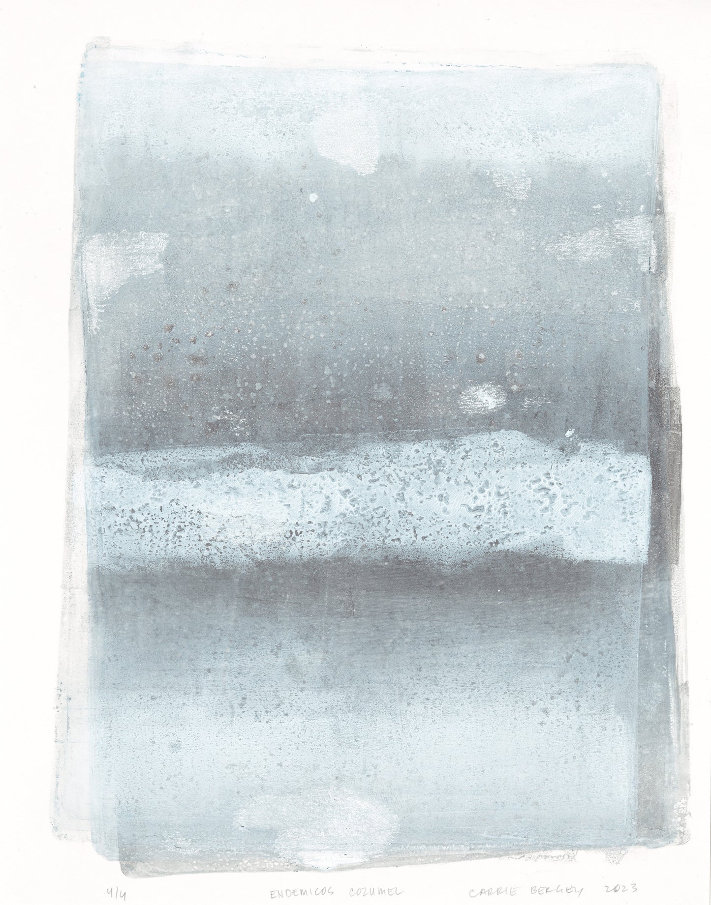 Endemicos Cozumel monoprint by Carrie Bergey showcasing a serene blend of light blue and gray tones with organic textures.